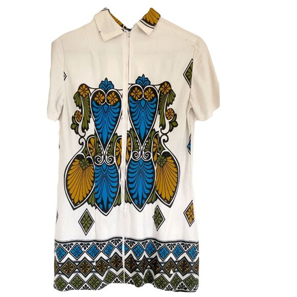 Vintage 60s Mod Abstract Tunic Mini Shift Dress Cream Rust Black Blue Sz M/L - Picture 2 of 11